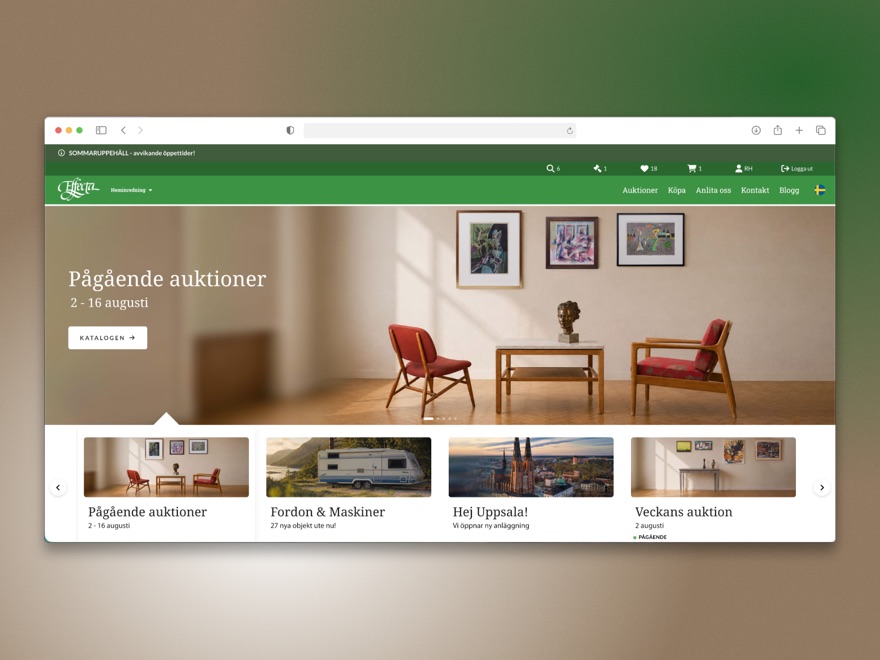 The Effecta auction site, showing ongoing auctions and a row of featured lots.