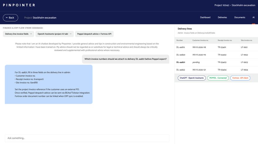 Illustration of the Pinpointer project view: an in-app AI assistant beside a table of delivery lines and invoice fields.
