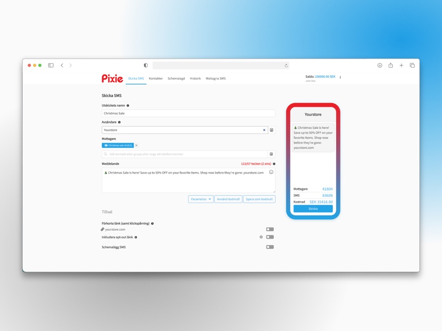 The Pixie platform composing an SMS campaign, with a live phone preview of the message.